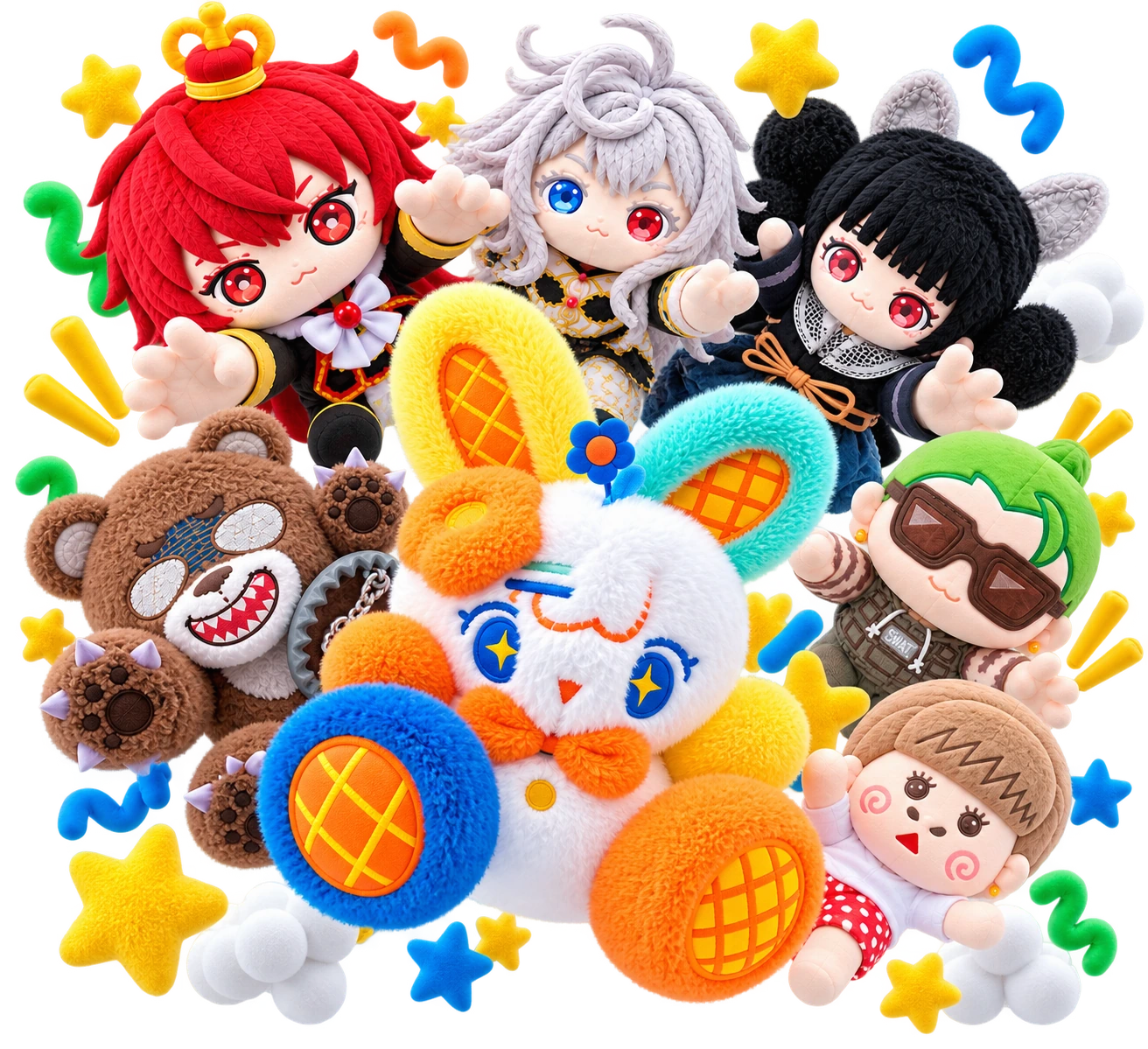 色とりどりのキャラクターぬいぐるみが集まった、ぬいくらのイメージ